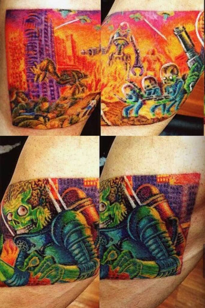 Vibrant full-sleeve tattoo showing a sci-fi battle with armored figures and a green creature across the forearm and upper arm area.