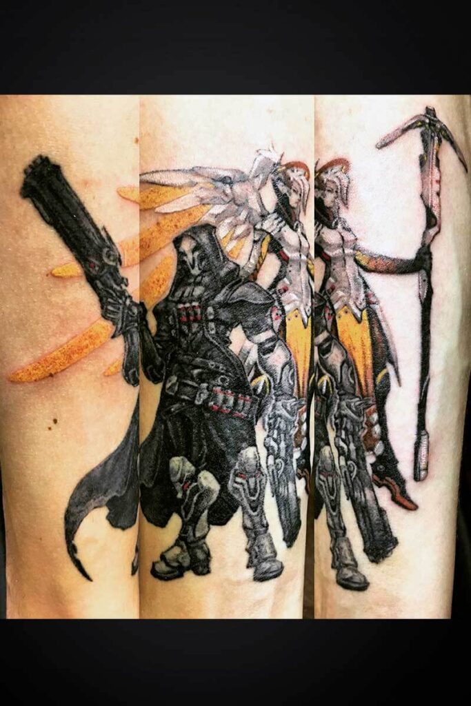 Triptych tattoo design featuring armored, hooded figure with a large gun and winged warriors in black, gray, and yellow accents on the skin