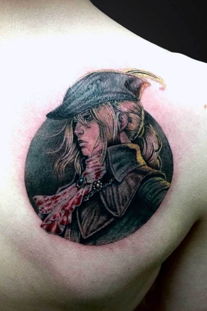 Circular tattoo showing a woman in a historical outfit in profile, wearing a wide hat and scarf on the shoulder.