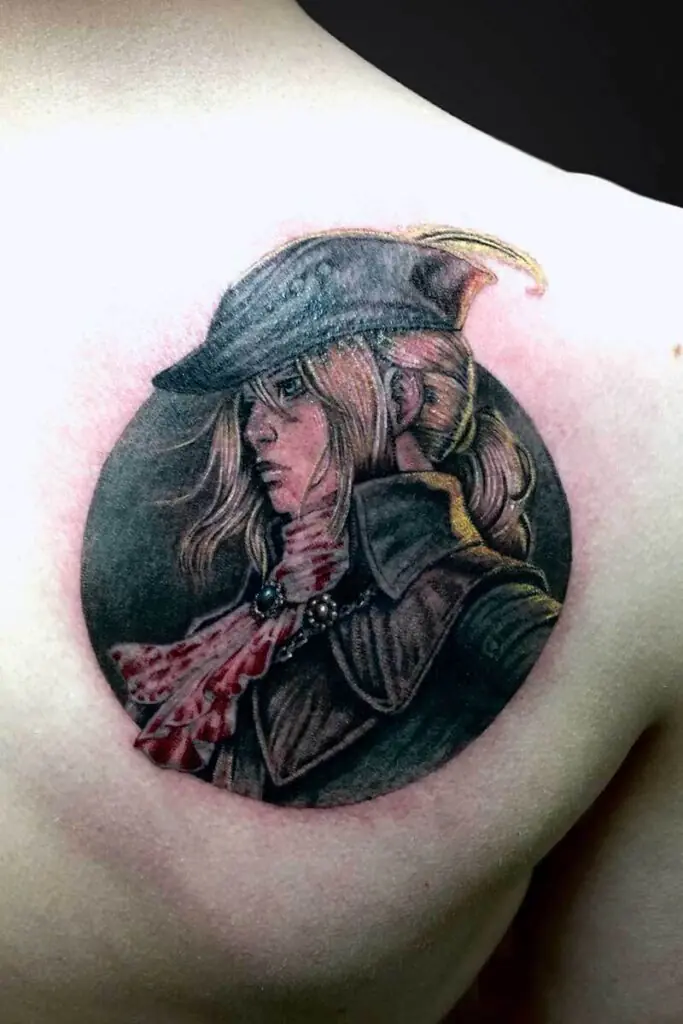 Circular tattoo showing a woman in a historical outfit in profile, wearing a wide hat and scarf on the shoulder.