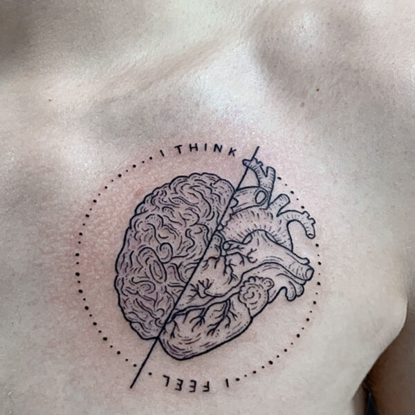 Chest tattoo: a line drawing of a brain and a heart split by a diagonal line, enclosed in a dotted circle with the words 'I THINK' and 'I FEEL'.