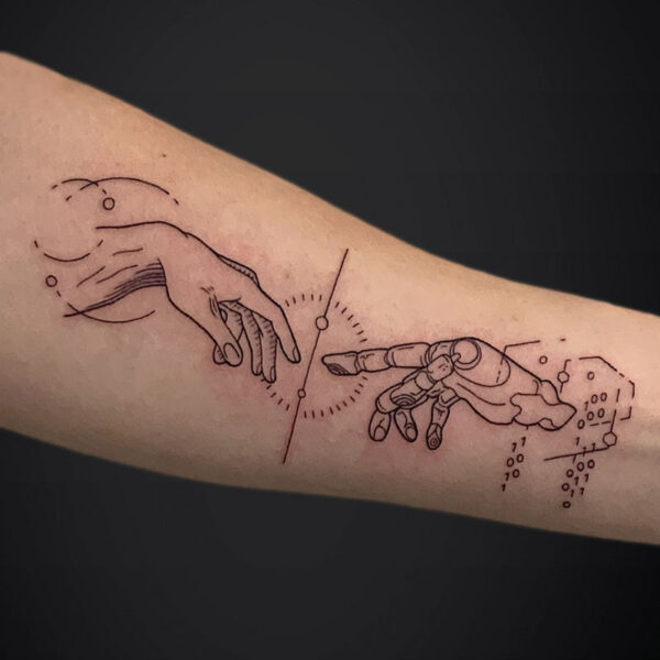 Line drawing tattoo on forearm of a human hand reaching toward a robotic hand, with geometric circles and dotted accents.