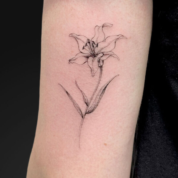 Minimalist black-outline lily tattoo on the forearm with a slender stem and leaves.
