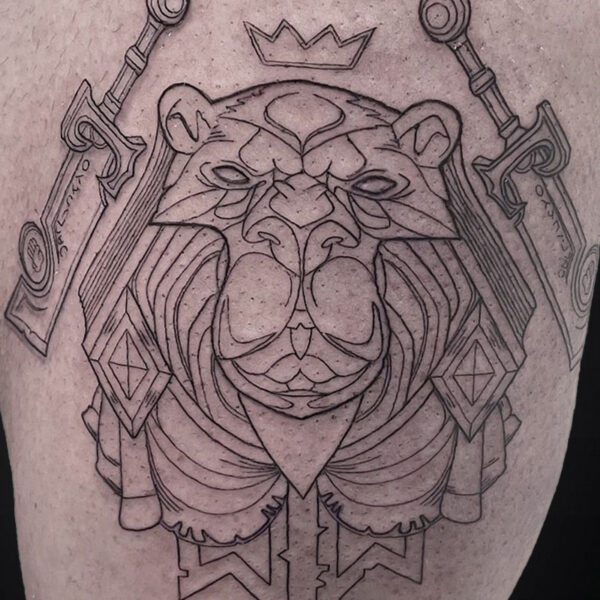 Line drawing tattoo of a regal lion with a crown, flanked by two swords on shoulders, in a geometric style on skin