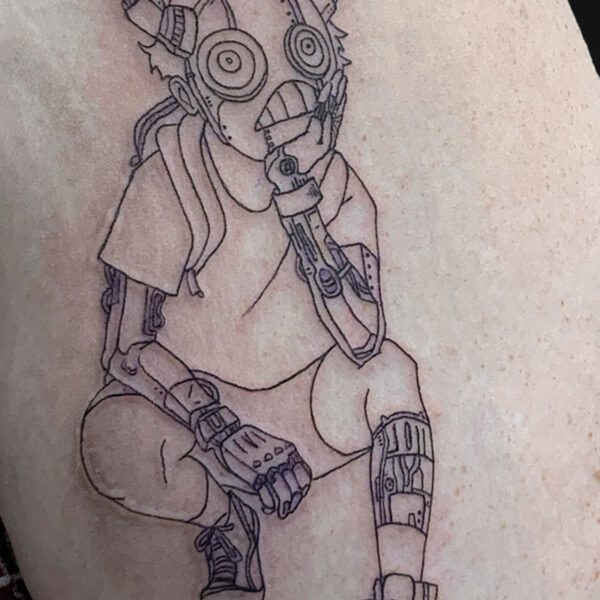 Line-art tattoo of a crouching cyborg with horned helmet and gas-mask face, wearing a hoodie and sneakers.
