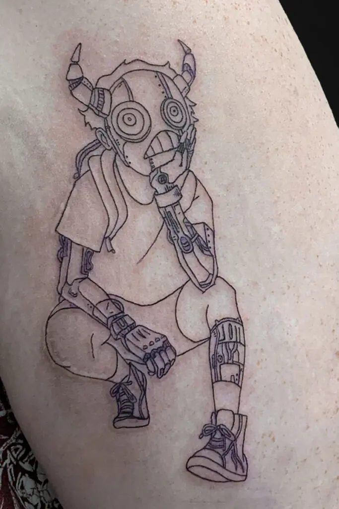 Line-art tattoo of a crouching cyborg with horned helmet and gas-mask face, wearing a hoodie and sneakers.