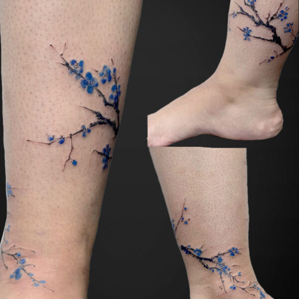 Blue floral tattoo along a dark branch wraps around the ankle and lower leg, shown from multiple angles in this collage.