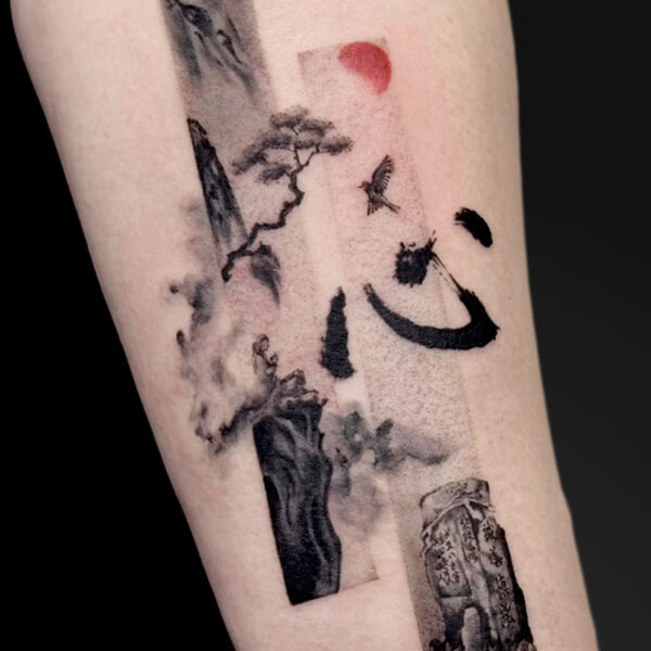 Tattoo collage: black ink landscape with mountains, tree, bird, red sun, and vertical panels on the forearm.