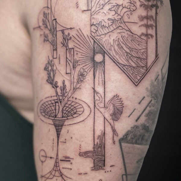 Linework tattoo on the upper arm: mountains and a crashing wave inside a diamond shape, with a sunburst, a bird, a vase with plants, and geometric connectors.