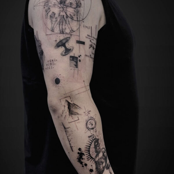 Forearm sleeve tattoo with geometric diagrams, circles, lines, roman numerals, and scientific illustrations.