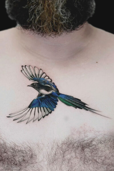 Blue and green swallow tattoo in mid-flight across the upper chest, wings spread wide near the collarbone.