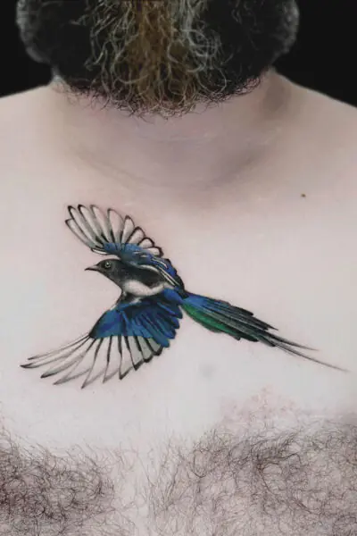 Blue and green swallow tattoo in mid-flight across the upper chest, wings spread wide near the collarbone.