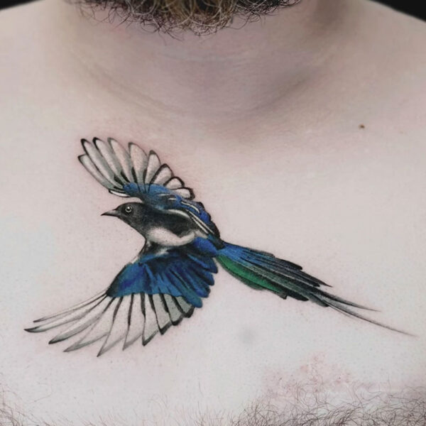 Blue and green swallow tattoo in mid-flight across the upper chest, wings spread wide near the collarbone.