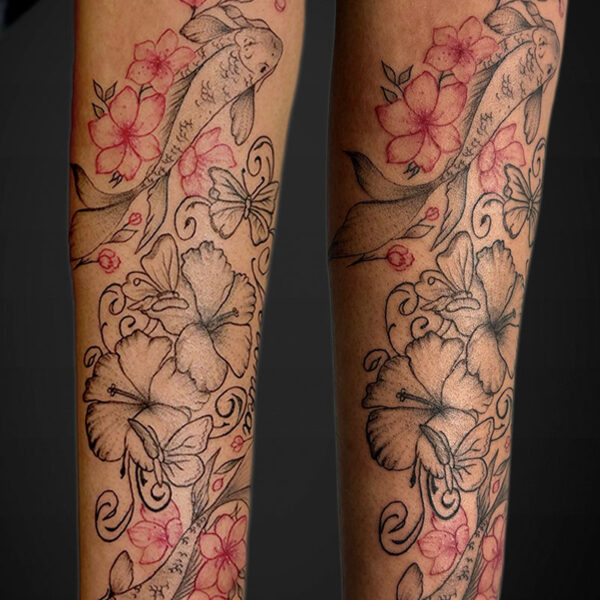 fineline-tattoo-flowers-fish-butterflies