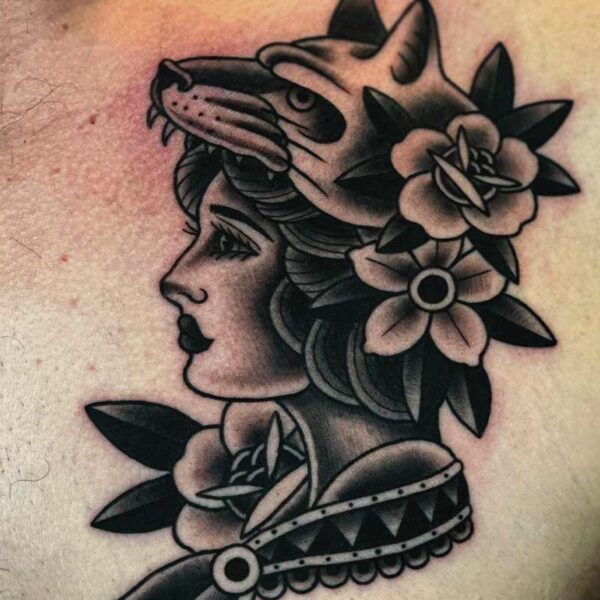 neotraditional-tattoo-woman-wolf-flowers
