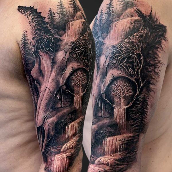 tattoo-goat-skull-waterfall-trees