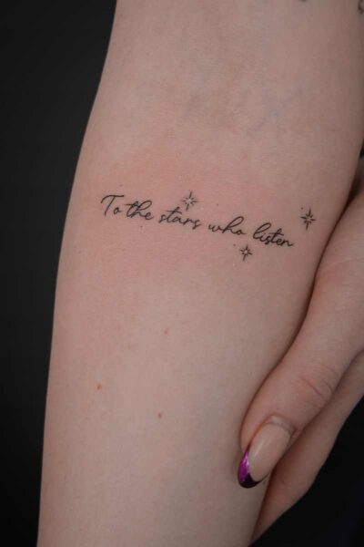 Script tattoo by Yeva at Atticus Tattoo, Calgary