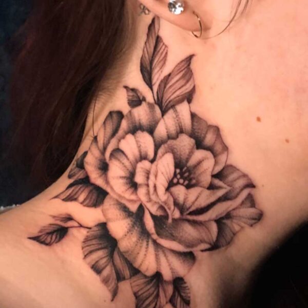 julia black and grey peony neck tattoo Black and grey peony flower neck tattoo by Julia at Atticus Tattoo, Calgary