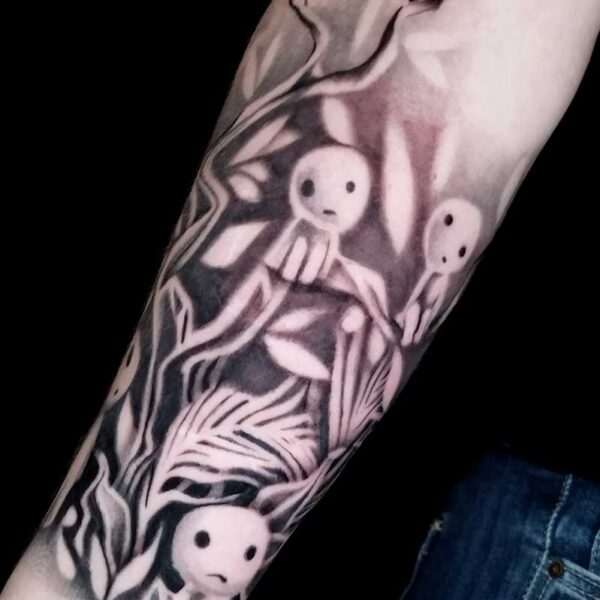 julia graphic forest spirits forearm tattoo Graphic black and grey forest spirits forearm tattoo by Julia at Atticus Tattoo, Calgary