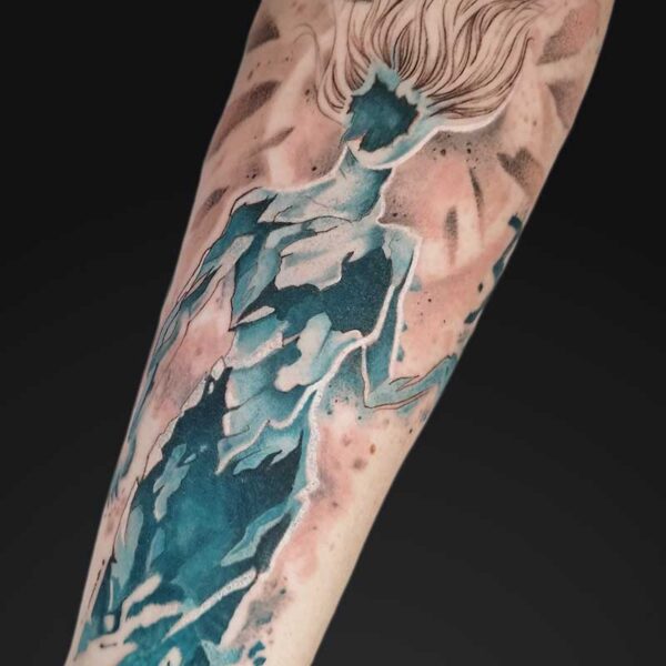julia graphic watercolour figure tattoo Graphic watercolour figure forearm tattoo in teal and peach by Julia at Atticus Tattoo, Calgary